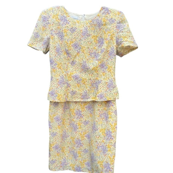 Maggie London Silk Pastel Ditsy Floral Peplum Dress Padded Shoulders Lined Sz 16 - Picture 1 of 10